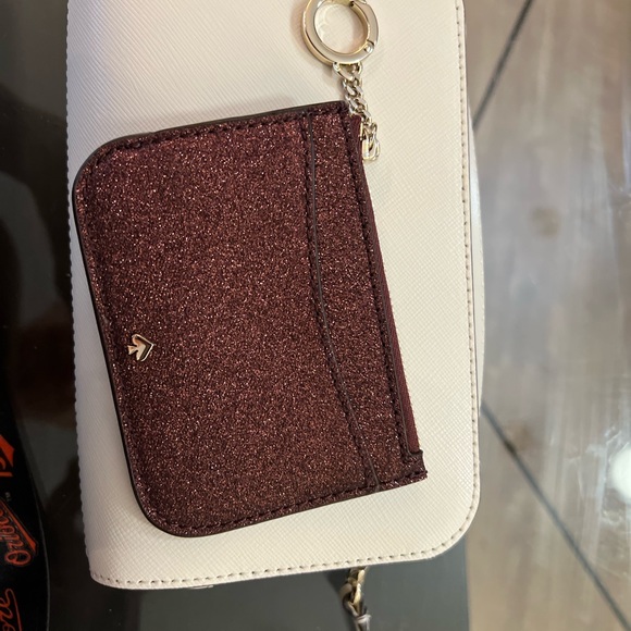 Kate Spade Cream Small Dual Zip Around Crossbody With burgundy Sparkle Key Chain - Picture 3 of 5